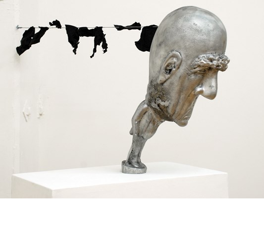 Jade Townsend - Underbelly, 2010 - 70 lbs of solid aluminum, black wrap, and aircraft cable - 50.8 x 30.5 x 50.8 cm, 20 x 12.1 x 20 in