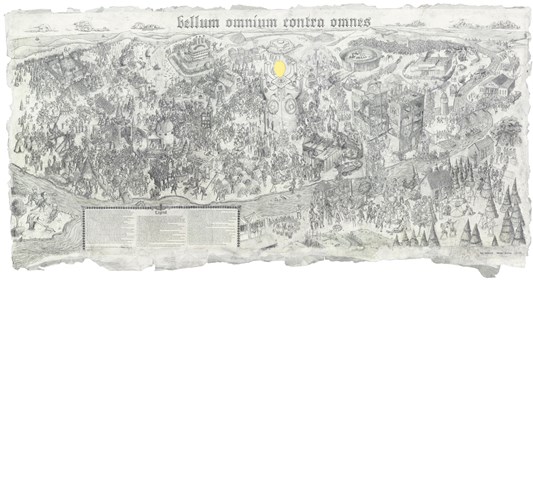 Jade Townsend - Bellum Omnium Contra Omnes, Collaboration between Jade Townsend and William Powhida, 2013 - Digital print and imitation gold leaf o n paper, edition of 24, 4AP - 118 x 224 cm, 46.5 x 88.2 in