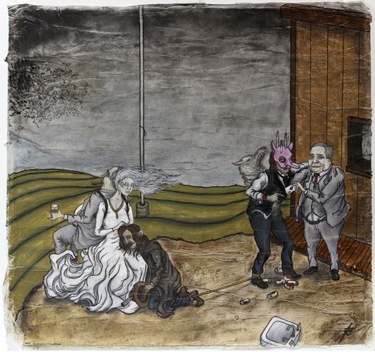 Jade Townsend - Freewill & Fate-Freewill consoled by Delusion and Fate is hammer ed drunk making questionable alliances, 2014 - Graphite, charcoal, oil, prisma color and ink on paper - 48 x 46 cm, 18.9 x 18.1 in