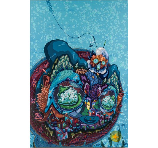 Mi Ju - Fishing Dreams, 2017 - Acrylic on canvas and cut paper - 183 x 122 cm, 72 x 48 in