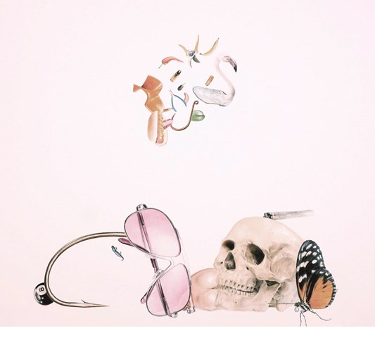 Alfred Steiner - "Beagle and Bird" 2017 - Watercolor on 140 lb. hot press paper - 86 x 76 cm, 34 x 30 in