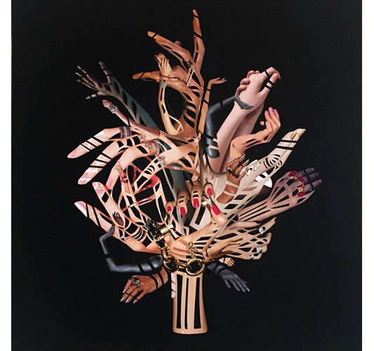 Debra Hampton - Hands I, 2017 - Magazine cut out, ink, pen, adhesive film on Canson black paper, - 49 x 49 cm, 19 x 19 in