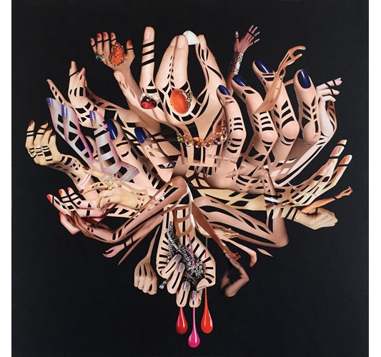 Debra Hampton - Hands III, 2017 - Magazine cut out, ink, pen, adhesive film on Canson black paper, - 49 x 49 cm, 19 x 19 in