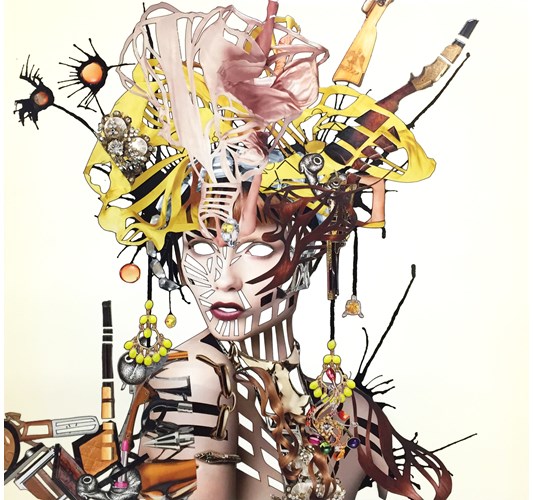 Debra Hampton - Nostalgic Head Huntress, 2014 - Magazine cut out, archival prints, adhesive, ink, watercolor, and paper mounted on panel with varnish - 40.5 x 40.5 cm, 16 x 16 in