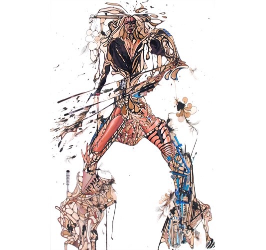 Debra Hampton - She dreamt of warriorhood but her feet turned into mounds of fl esh and junk  and she slashed her own hand into a thousand pieces, 2005 - Magazine cut out and ink - 77.5 x 52 cm, 30.5 x 20.5 in