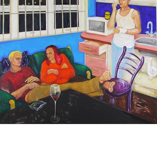 Tine Nedbo - "Kitchen Tales (talking about a revolution)" 2018 - Oil on canvas - 200 x 250 cm, 79 x 98,5 in
