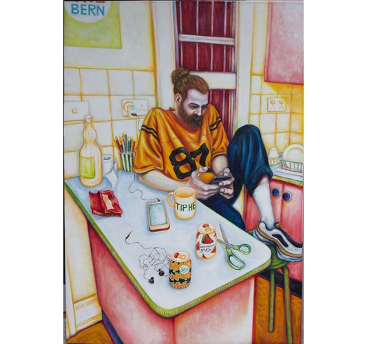 Tine Nedbo - "Tom in the Kitchen (WIP)" 2020 - Oil on canvas - 130 x 90 cm, 51 x 35,5 in