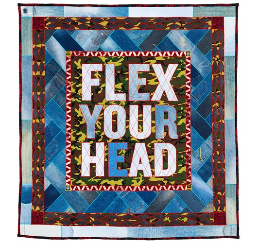 Works by - Ben Venom "Flex Your Head" 2022 - Hand-made quilt with recycled fabric - 193 x 180,5 cm, 76 x 71 in