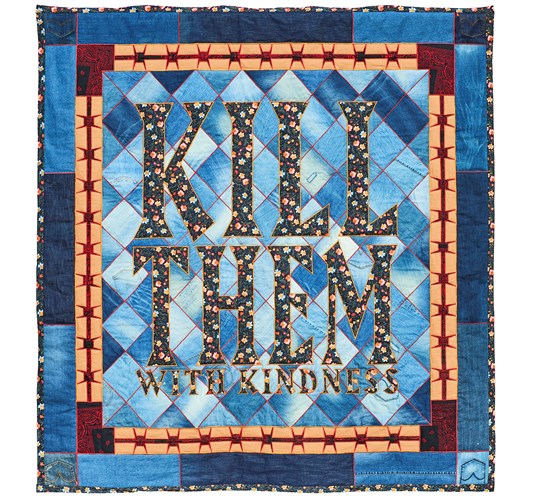 Works by - Ben Venom "Kill Them With Kindness" 2022 - Hand-made quilt with recycled fabric - 211 x 203 cm, 83 x 80 in