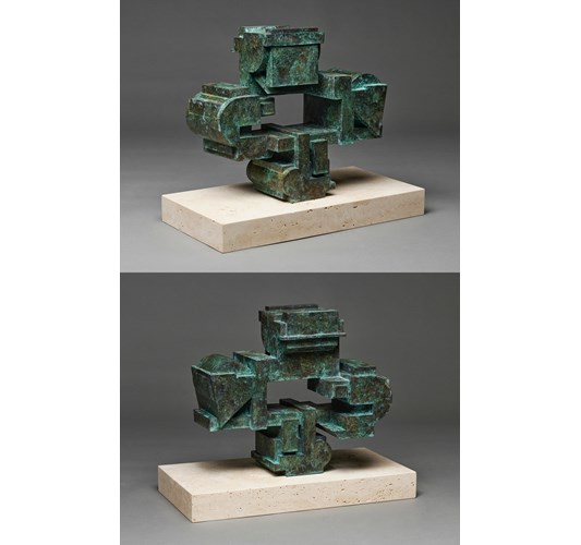 Jud Bergeron - "French Horn Litigation" 2022 - Cast bronze & travertine marble - 48,5 x 38 x 23 cm, 19 x 15 x 9 in