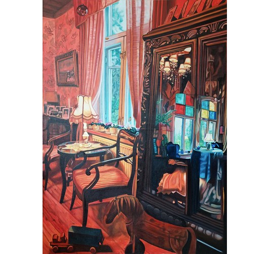 Emilia Nurmivaara - "Harmony in Red (Saddlebag)" 2022 - Oil on canvas - 160 x 116 cm, 63 x 45,5 in