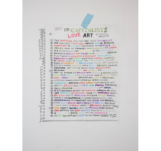 William Powhida - "Why Do Capitalists Love Art?" 2022 - Graphite and watercolor on paper mounted on panel - 51 x 40,5 cm, 20 x 16 in