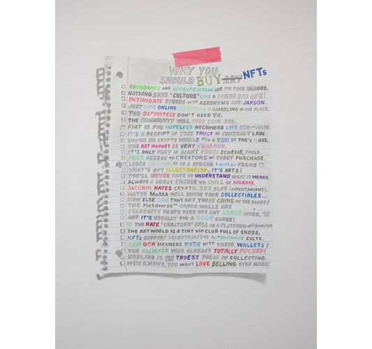 William Powhida - "Why You Should Buy NFTs" 2022 - Graphite and watercolor on paper mounted on panel - 51 x 40,5 cm, 20 x 16 in