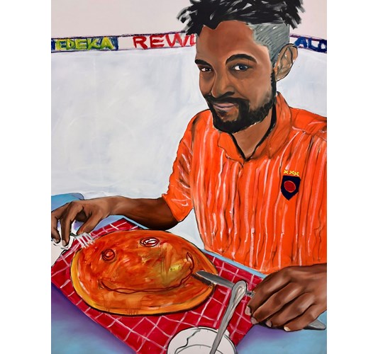 Works by - Robin Rapp "Kuba Pizza" 2021 - Oil on canvas - 200 x 157 cm, 78,5 x 62 in