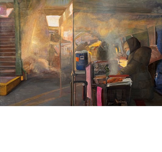 Works by - Audrey Rodriguez "Antojitos de Corona Plaza" 2022 - Oil on linen - 91,5 x 137 cm, 36 x 54 in