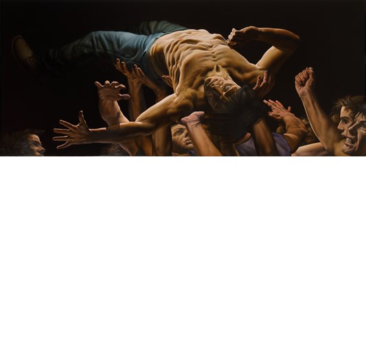 Nicola Verlato - “Iggy Pop Inventing Stage Diving” 2023 - Oil on linen - 72 x 172 cm, 28 x 68 in