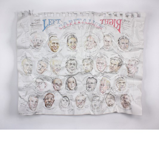 William Powhida - "Capitalism WC" 2022 - Watercolor, acrylic, and graphite on paper mounted on aluminum - 114,5 x 139,5 cm, 45 x 55 in