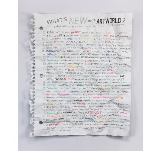 William Powhida - "What's New in the Art World?" 2022 - Watercolor, acrylic, and graphite on paper mounted on aluminum - 139,5 x 114,5 cm, 55 x 45 in