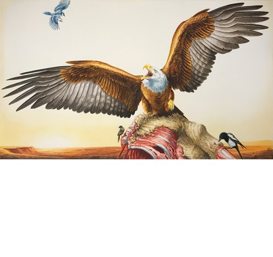 Jed Webster Smith - "The Wolfer's Cannon Fodder" 2023 - Watercolor on paper mounted on canvas - 61 x 106,5 cm, 24 x 42 in