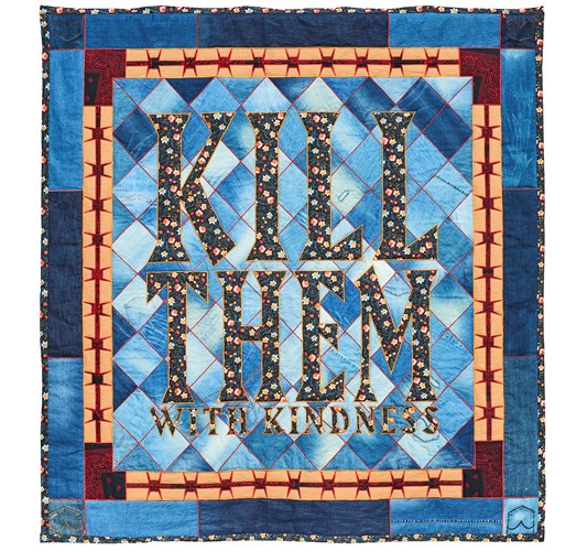 Ben Venom - "Kill Them With Kindness" 2022 - Hand-made quilt with recycled fabric - 211 x 203 cm, 83 x 80 in