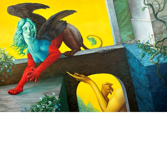 Angela Gram - "Oedipus and The Sphinx" 2023 - Oil on linen - 137 x 203 cm, 54 x 80 in