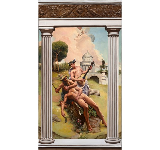 Adam Miller - "Hermes Lulls Argus to Sleep with Music" 2023 - Oil on canvas - 150 x 83 cm, 59 x 32,5 in