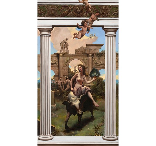 Adam Miller - "Suspicious Hera Takes Io Prisoner" 2023 - Oil on canvas - 150 x 83 cm, 59 x 32,5 in