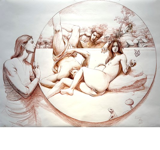 Adam Miller - "Untitled Copenhagen I" 2023 - Red chalk, graphite, oil paint and marker on paper - 118 x 150 cm, 46,5 x 59 in