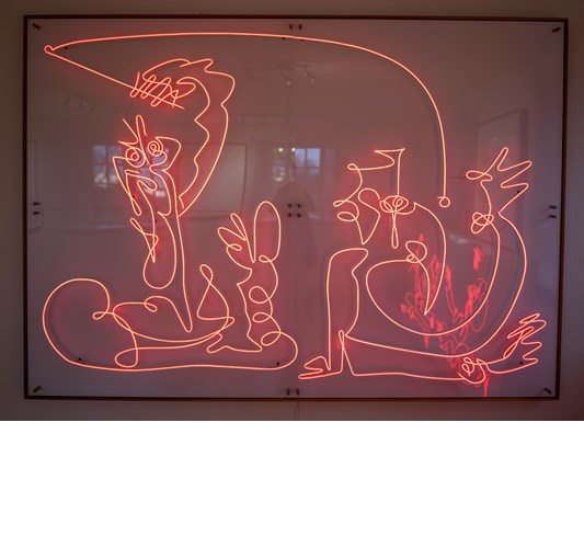 Michael Ahlefeldt - "At fiske for opmærksomhed" 2023 - LED light, plexiglass, PVC & oak frame - Edition of 5 - 156 x 220 cm, 61,5 x 86,5 in