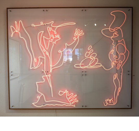 Michael Ahlefeldt - "Boller fra bageren eller universet pa° et fad" 2023 - LED light, plexiglass, PVC & oak frame - Edition of 5 - 156 x 192 cm, 61,5 x 75,5 in