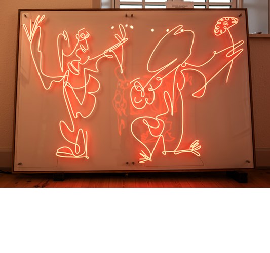 Michael Ahlefeldt - "Pa° frierføder" 2023 - LED light, plexiglass, PVC & oak frame - Edition of 5 - 109 x 155 cm, 43 x 61 in