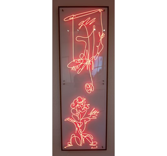 Michael Ahlefeldt - "Pa° gyngen med smil" 2023 - LED light, plexiglass, PVC & oak frame - Edition of 5 - 188 x 62 cm, 74 x 24,5 in