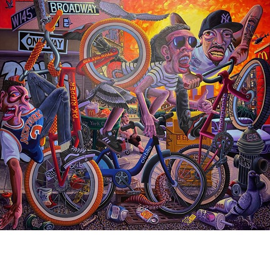 Tom Sanford - "Wheelie Boys Ride Out" 2023 - Acrylic on canvas - 157,5 x 183 cm, 62 x 72 in