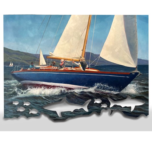 Ryan Davis - “The Calling of June” 2024 - Oil on shaped canvas, mounted to panel - 52 x 76,2 cm, 20,5 x 30 in