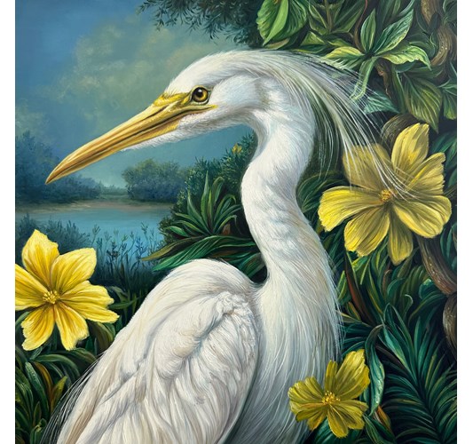 Angela Gram - "White Egret", 2025 - Oil on panel - 41 x 41 cm, 16 x 16 in