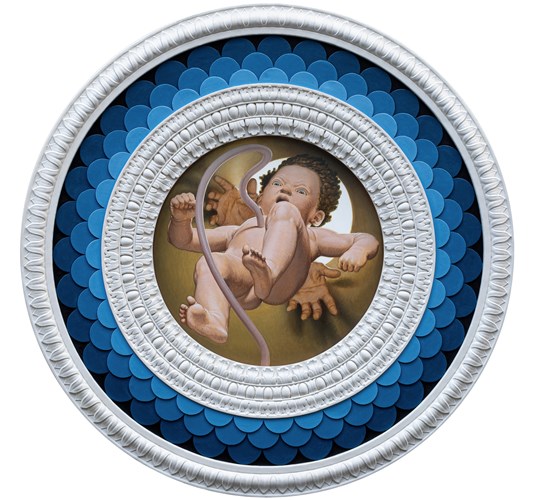 Lorenzo Tonda - “The Most Beautiful Place II” 2025 - Acrylic on wood framed in ceramic plaster - 72 cm diameter, 28 in in diameter