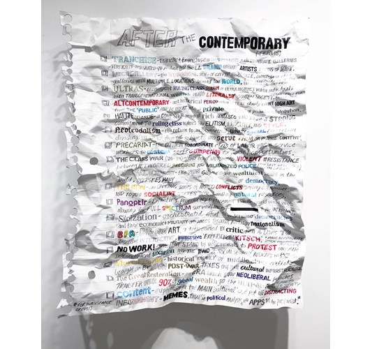 William Powhida - "After the Contemporary" 2018 - Graphite, colored pencil, and acrylic on Yupo mounted on aluminum - 140 x 112 cm, 55 x 44 in