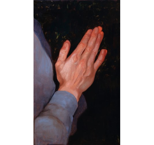 German Tellez - German Tellez "Praying hands #4" (gray sweater), 2025 - Oil on linen - 35 x 22 cm, 14 x 9