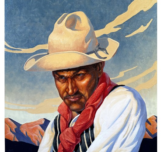 Jed Webster Smith - "Gaucho" 2025 - Oil on panel - 46 x 46 cm, 18 x 18 in, Framed in handmade walnut frame with double oak splined mitered joints