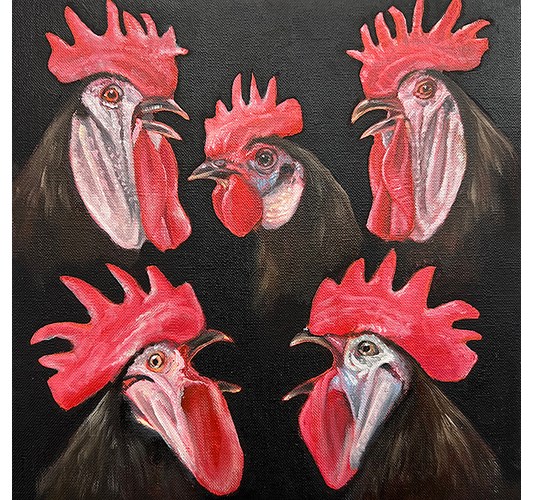 Barnaby Whitfield - "Cocksplain" 2025, - Oil on canvas, - 20 x 20 cm, 8 x 8 in
