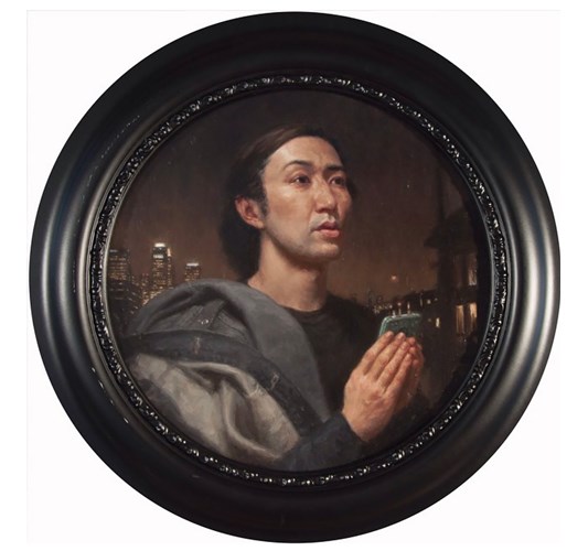 Carl Dobsky - "Portrait of a Young Man (iPrayer)" - Oil on panel, - dia. 31 cm, 12 in