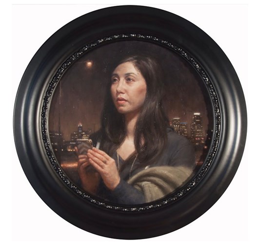 Carl Dobsky - "Portrait of a Young Woman (iPrayer)" - Oil on panel, - dia. 31 cm, 12 in