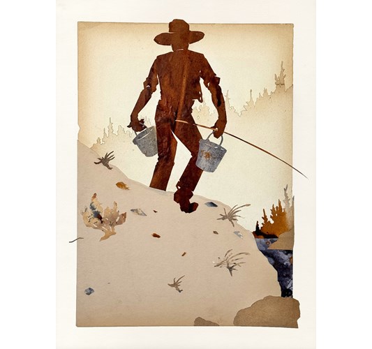 Jed Webster Smith - "Shellacked Cowboy XLV" 2026, - Shellac ink on vintage paper mounted to panel, - 41 x 30 cm, 16 x 12 in,