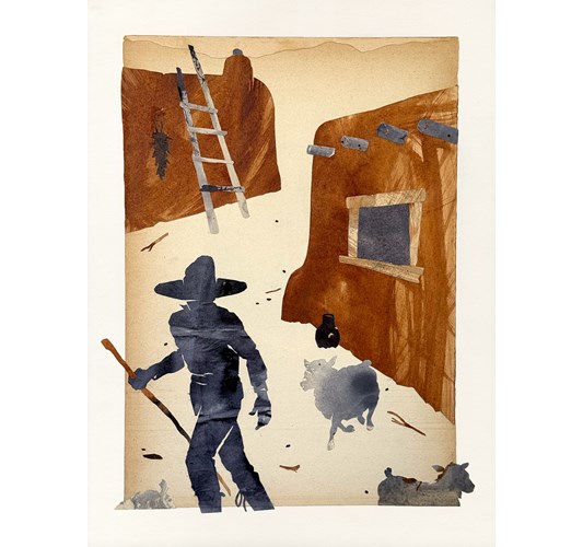 Jed Webster Smith - "Shellacked Cowboy XLV3" 2026, - Shellac ink on vintage paper mounted to panel, - 41 x 30 cm, 16 x 12 in,