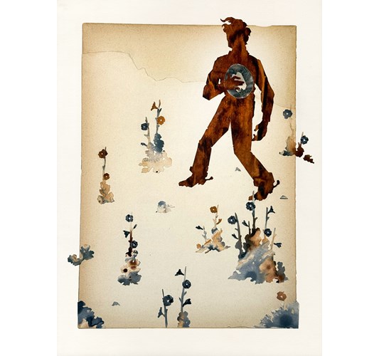 Jed Webster Smith - "Shellacked Cowboy XLV4" 2026, - Shellac ink on vintage paper mounted to panel, - 41 x 30 cm, 16 x 12 in,