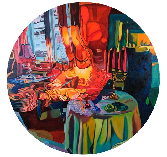 Emilia Nurmivaara - "Entering Warmth" 2026, - Oil on linen, - dia. 100 cm, 39 in
