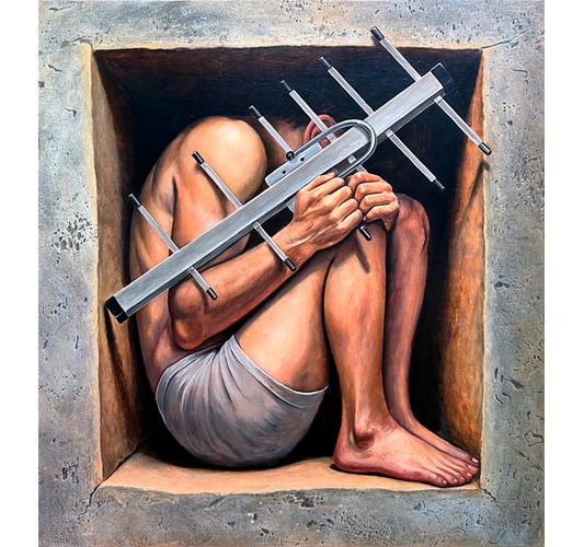 Jacob Dahlstrup - "Calling Into Space" 2026, - Oil on linen, - 80 x 75 cm, 32 x 30 in