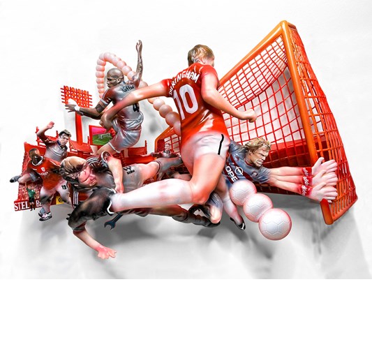 Jiannan Wu - "Goal" 2022 - Acrylic on resin, wood and metal - 40 x 70 x 22 cm_15,5 x 27,5 x 8,5 in