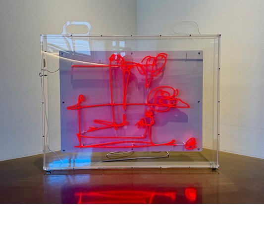 Michael Ahlefeldt - “Untitled 1”, 2026 - Metal & LED, installed in a plexiglass box, - 93 × 120 × 12 cm, 37 × 47 × 5 in, Can be installed outside, standing or hanging on a wall.